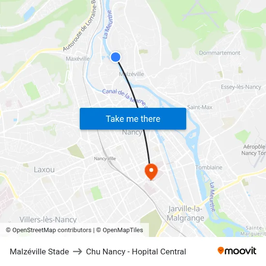 Malzéville Stade to Chu Nancy - Hopital Central map