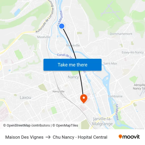 Maison Des Vignes to Chu Nancy - Hopital Central map