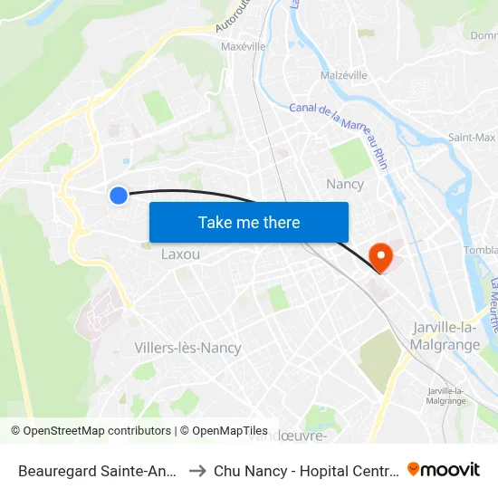 Beauregard Sainte-Anne to Chu Nancy - Hopital Central map