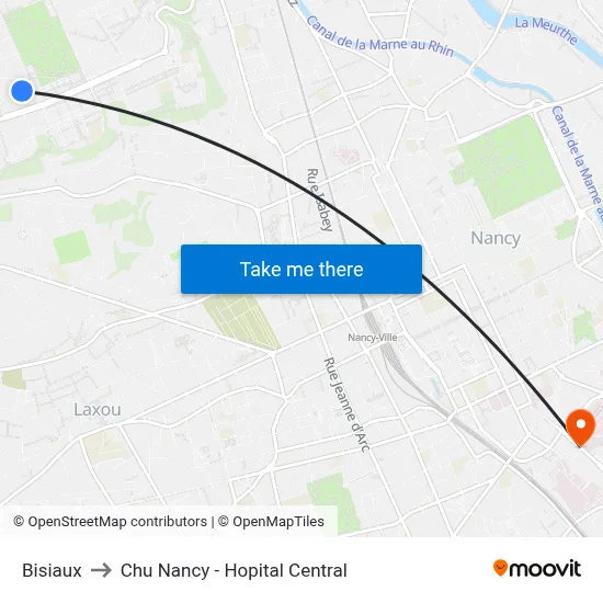 Bisiaux to Chu Nancy - Hopital Central map