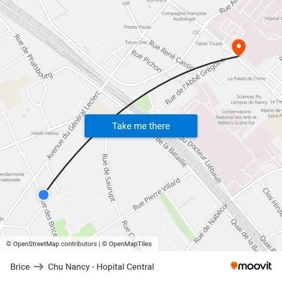 Brice to Chu Nancy - Hopital Central map