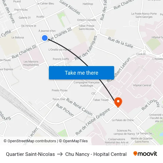 Quartier Saint-Nicolas to Chu Nancy - Hopital Central map