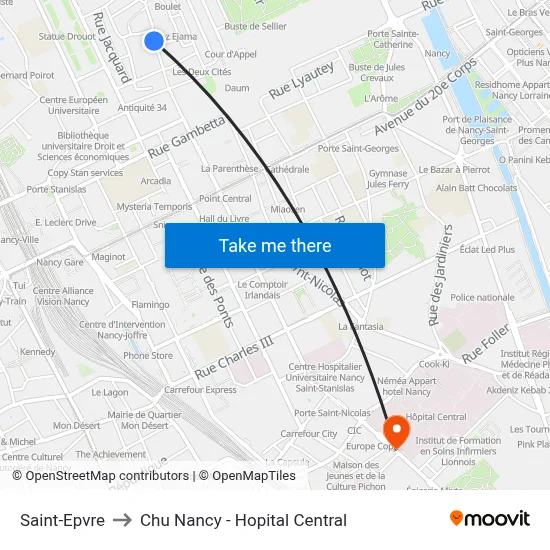 Saint-Epvre to Chu Nancy - Hopital Central map