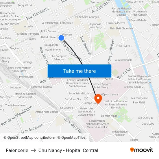 Faïencerie to Chu Nancy - Hopital Central map