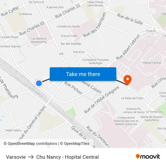 Varsovie to Chu Nancy - Hopital Central map