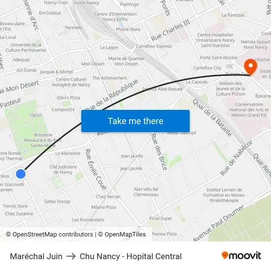 Maréchal Juin to Chu Nancy - Hopital Central map
