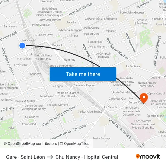 Gare - Saint-Léon to Chu Nancy - Hopital Central map