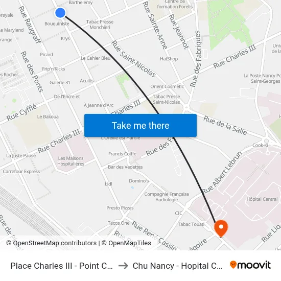 Place Charles III - Point Central to Chu Nancy - Hopital Central map