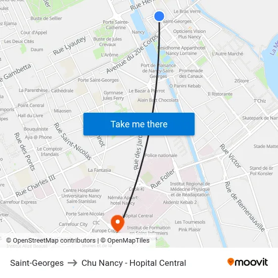 Saint-Georges to Chu Nancy - Hopital Central map
