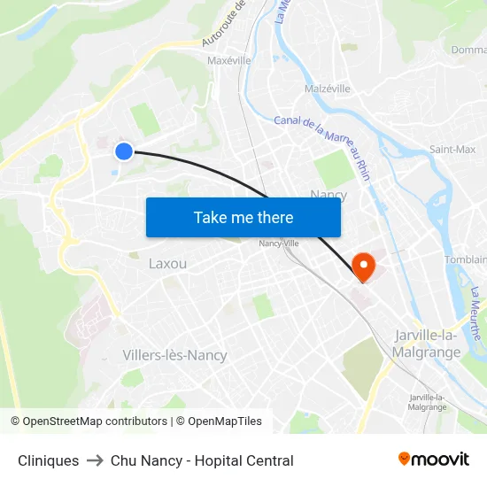 Cliniques to Chu Nancy - Hopital Central map