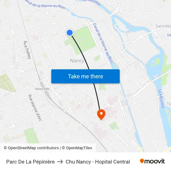 Parc De La Pépinière to Chu Nancy - Hopital Central map
