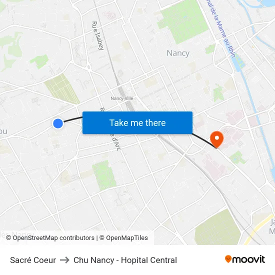 Sacré Coeur to Chu Nancy - Hopital Central map