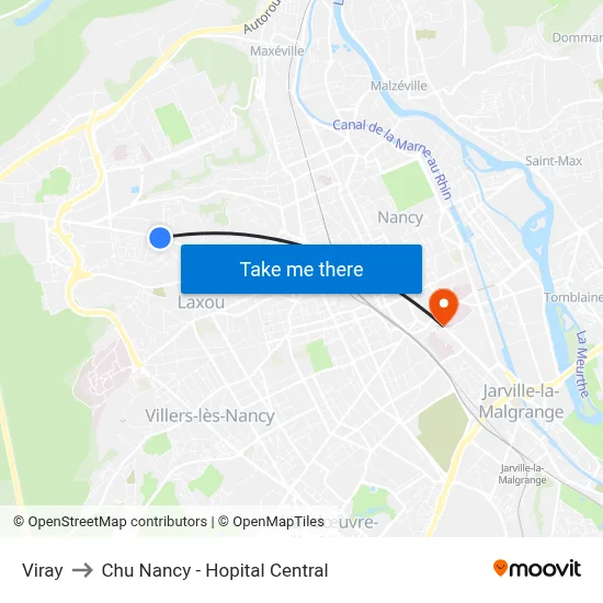Viray to Chu Nancy - Hopital Central map