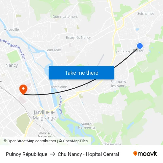 Pulnoy République to Chu Nancy - Hopital Central map