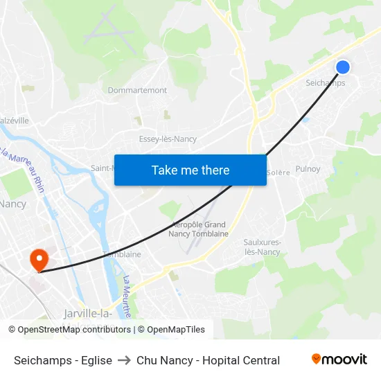Seichamps - Eglise to Chu Nancy - Hopital Central map