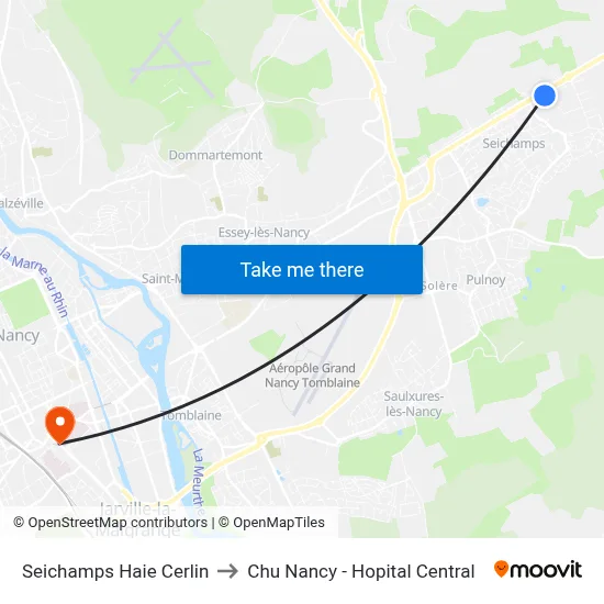 Seichamps Haie Cerlin to Chu Nancy - Hopital Central map