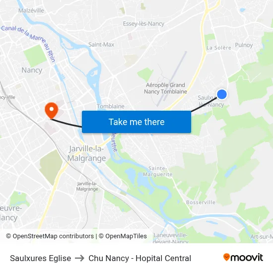 Saulxures Eglise to Chu Nancy - Hopital Central map