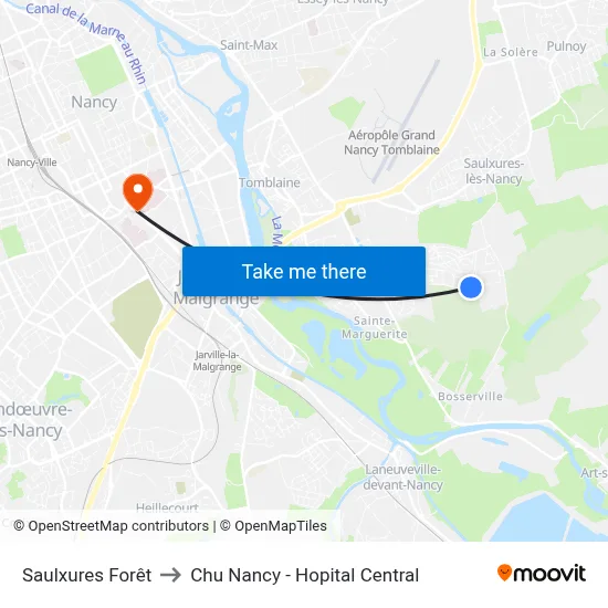Saulxures Forêt to Chu Nancy - Hopital Central map