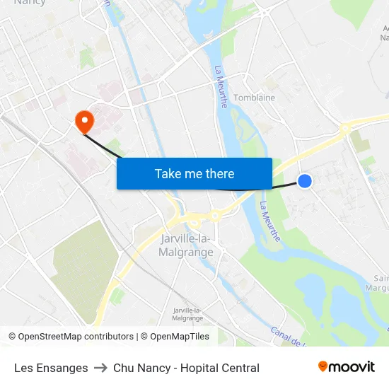 Les Ensanges to Chu Nancy - Hopital Central map