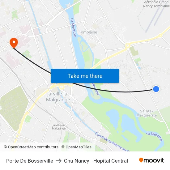 Porte De Bosserville to Chu Nancy - Hopital Central map