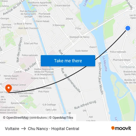 Voltaire to Chu Nancy - Hopital Central map