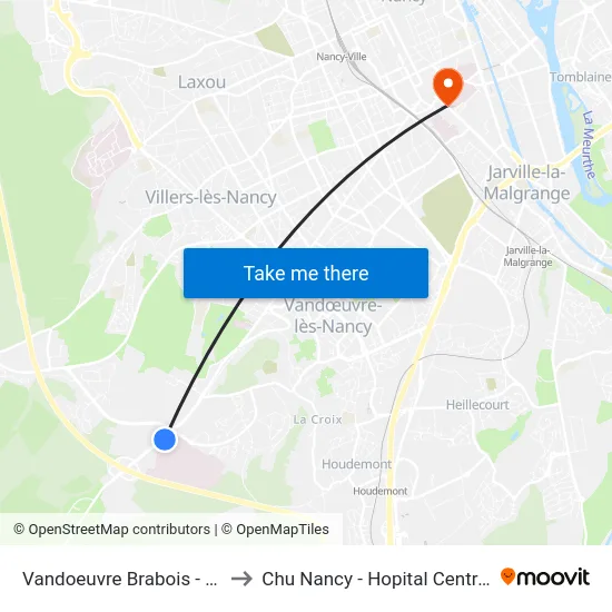 Vandoeuvre Brabois - H. to Chu Nancy - Hopital Central map