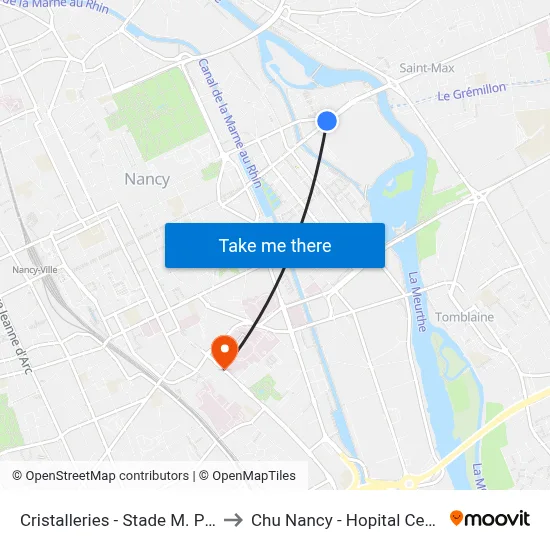 Cristalleries - Stade M. Picot to Chu Nancy - Hopital Central map