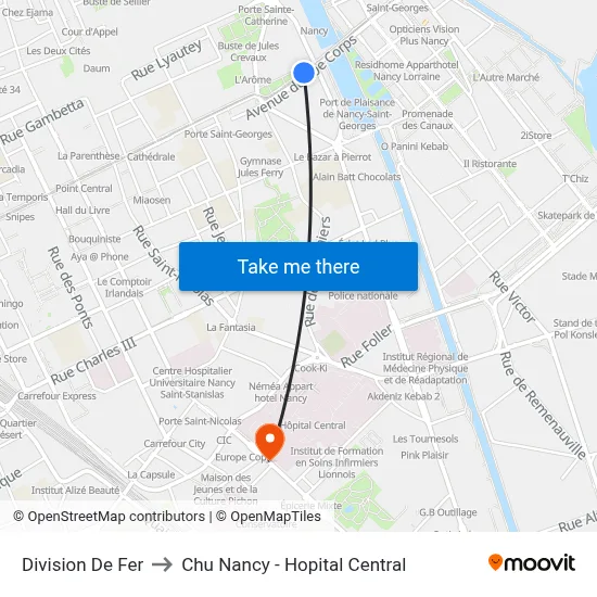 Division De Fer to Chu Nancy - Hopital Central map