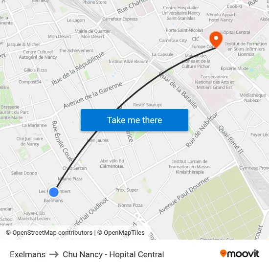 Exelmans to Chu Nancy - Hopital Central map