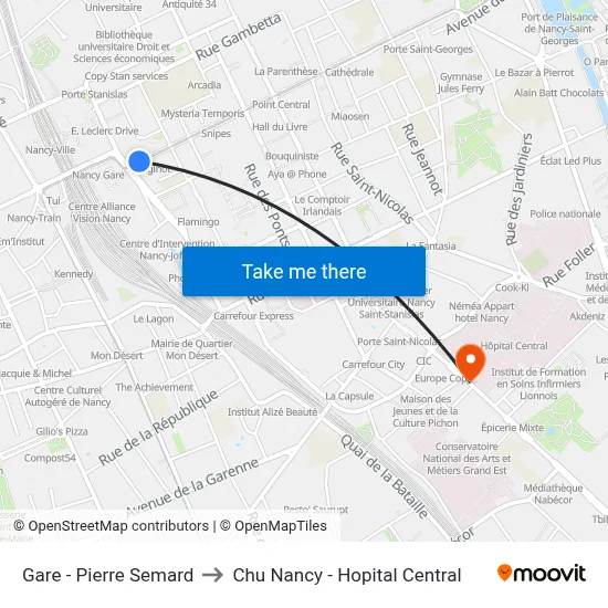Gare - Pierre Semard to Chu Nancy - Hopital Central map