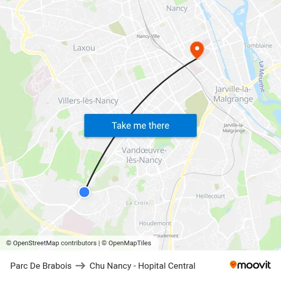 Parc De Brabois to Chu Nancy - Hopital Central map
