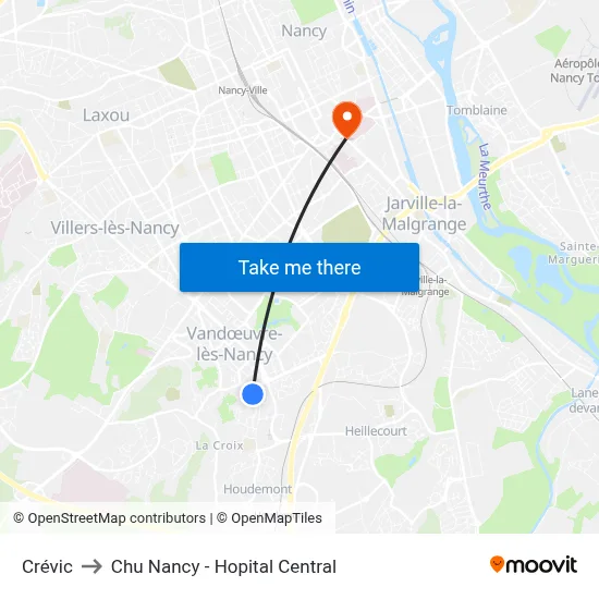 Crévic to Chu Nancy - Hopital Central map