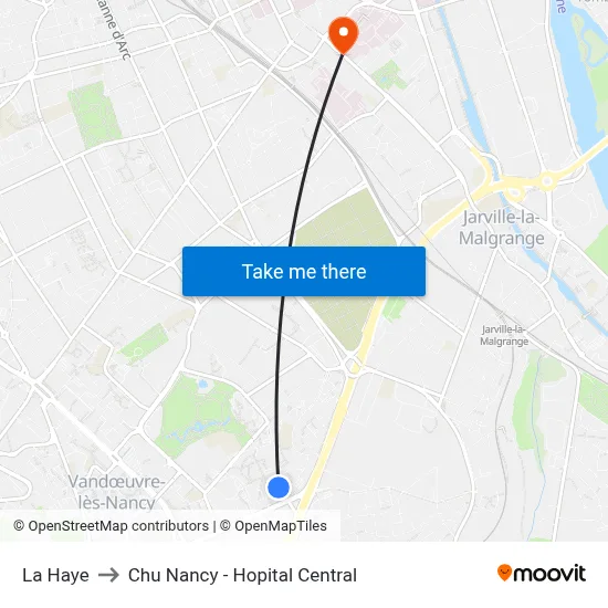 La Haye to Chu Nancy - Hopital Central map