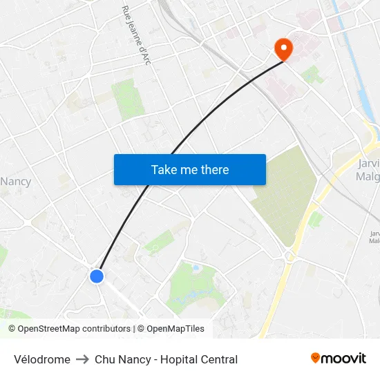 Vélodrome to Chu Nancy - Hopital Central map