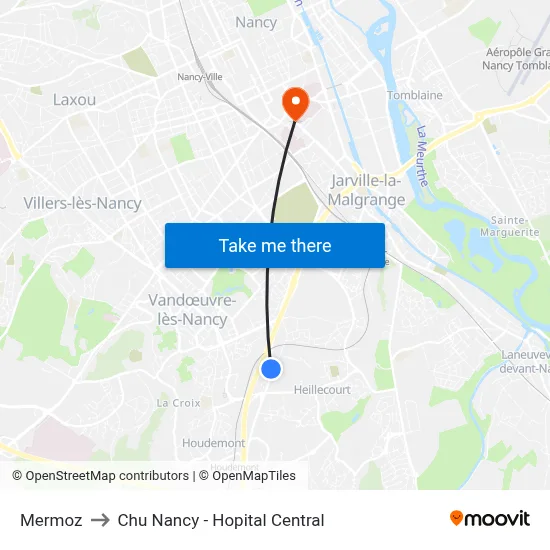Mermoz to Chu Nancy - Hopital Central map