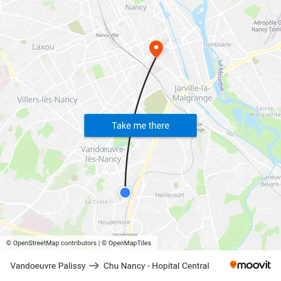 Vandoeuvre Palissy to Chu Nancy - Hopital Central map