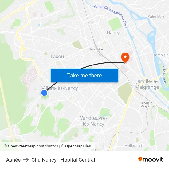 Asnée to Chu Nancy - Hopital Central map