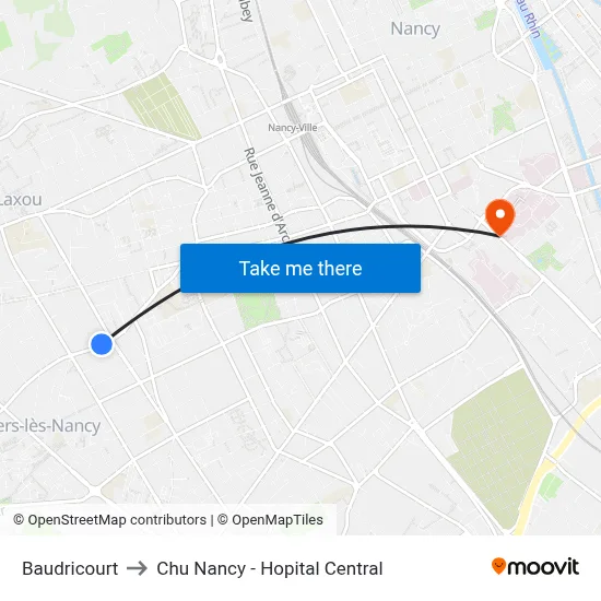 Baudricourt to Chu Nancy - Hopital Central map