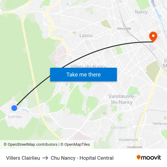 Villers Clairlieu to Chu Nancy - Hopital Central map