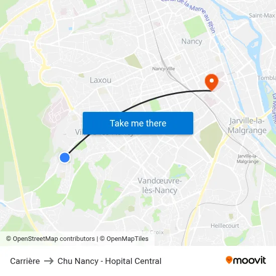 Carrière to Chu Nancy - Hopital Central map