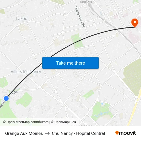 Grange Aux Moines to Chu Nancy - Hopital Central map