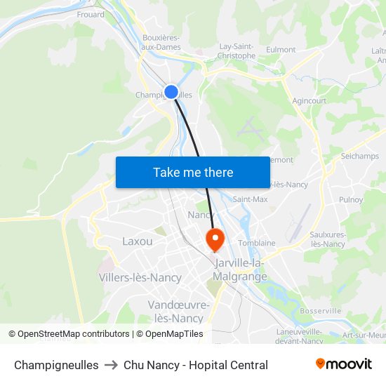 Champigneulles to Chu Nancy - Hopital Central map