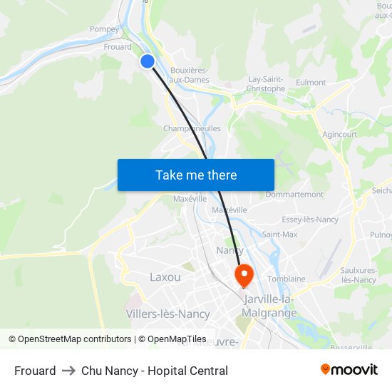 Frouard to Chu Nancy - Hopital Central map