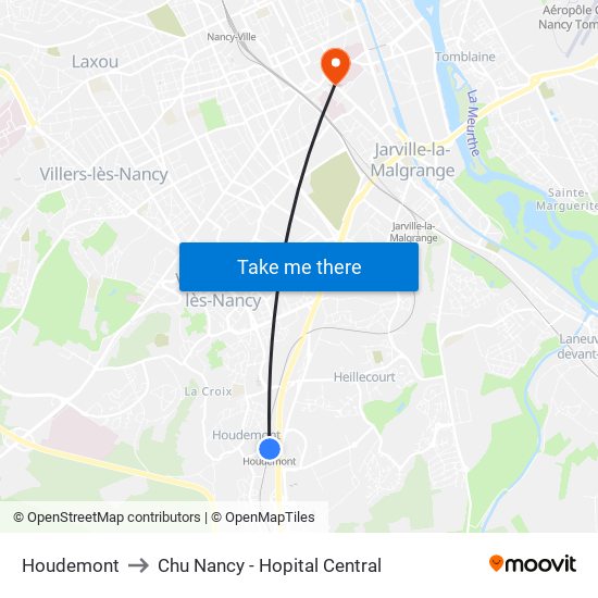 Houdemont to Chu Nancy - Hopital Central map