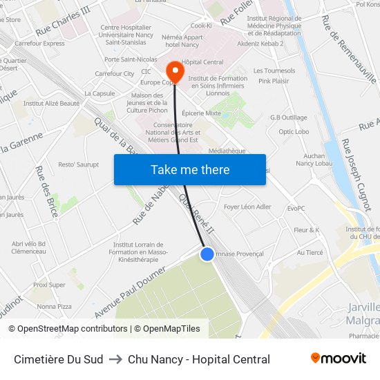 Cimetière Du Sud to Chu Nancy - Hopital Central map