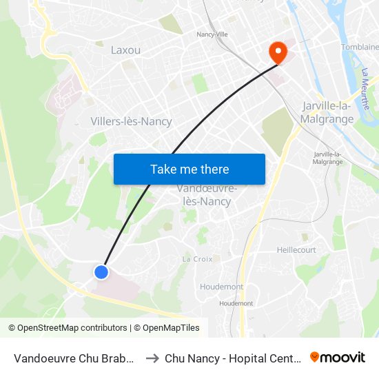 Vandoeuvre Chu Brabois to Chu Nancy - Hopital Central map