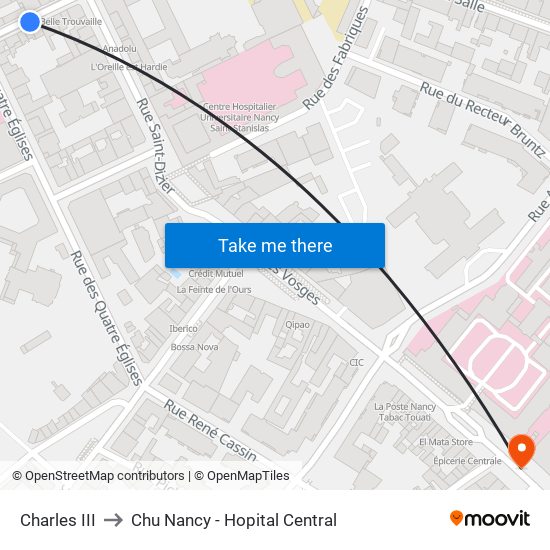 Charles III to Chu Nancy - Hopital Central map