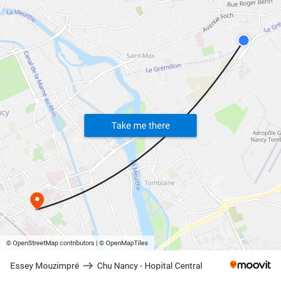 Essey Mouzimpré to Chu Nancy - Hopital Central map