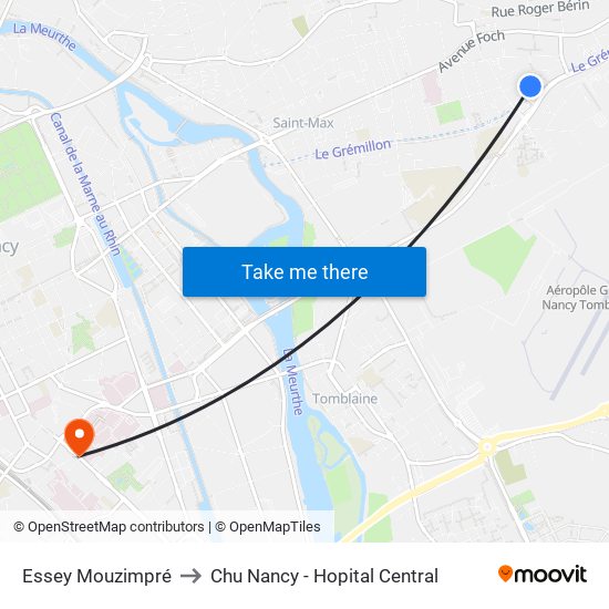 Essey Mouzimpré to Chu Nancy - Hopital Central map