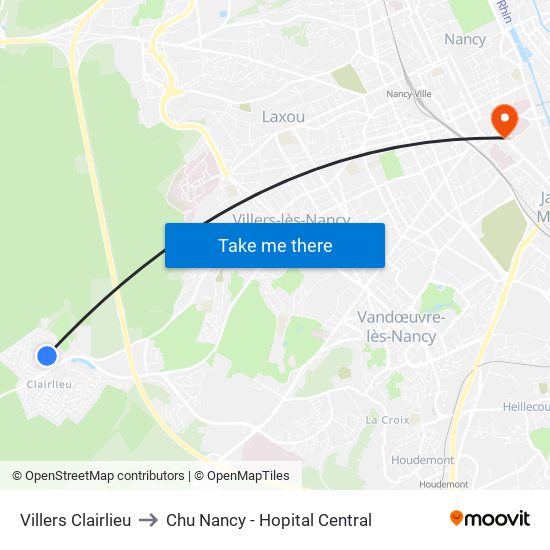 Villers Clairlieu to Chu Nancy - Hopital Central map